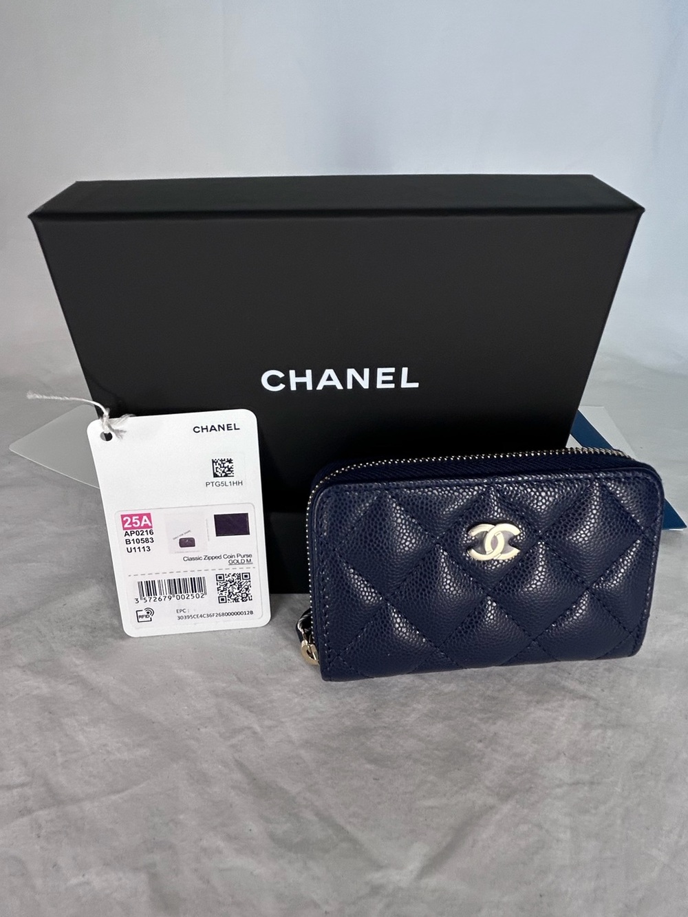 CHANEL Navy Quilted Caviar Leather Zipper Wallet  with Silver CC